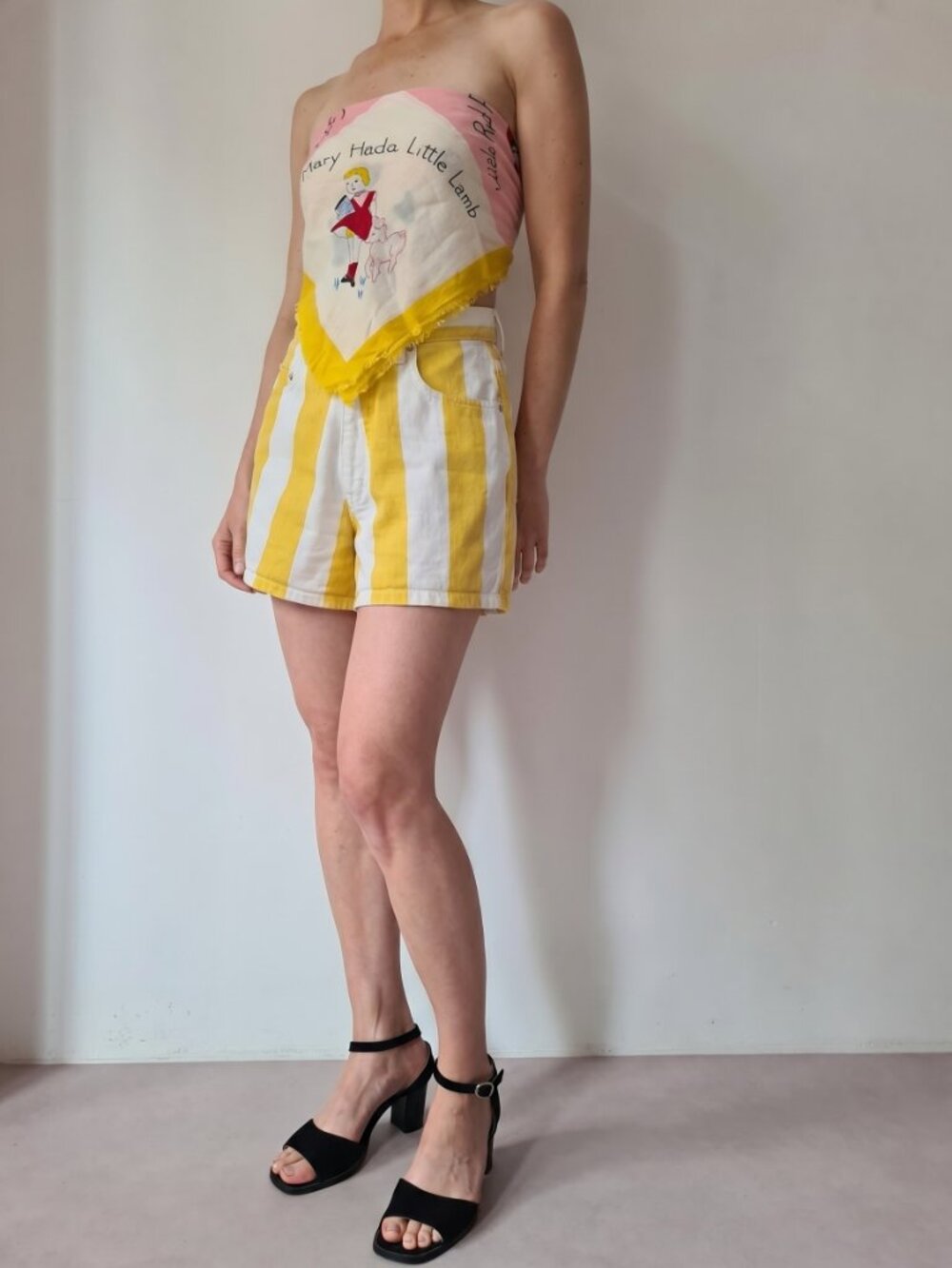 Skoozi Bright Striped High-Waisted Denim Mom Shorts